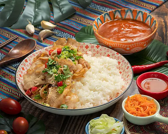 Thai Spicy Basil Pork With Red Curry Rice