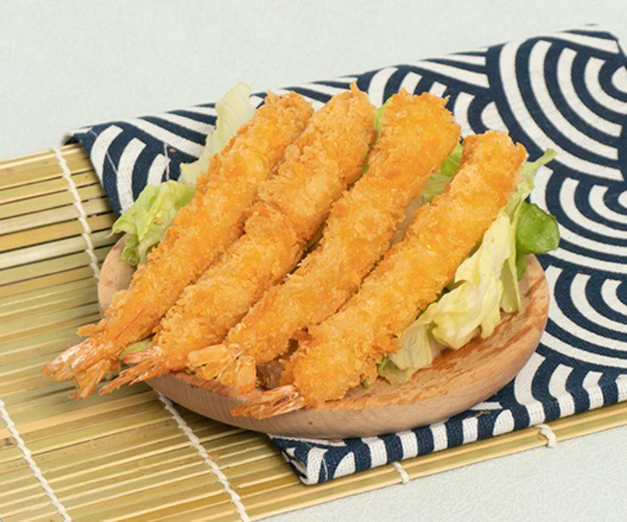 台北飯糰酥炸天婦羅蝦四隻金黃炸蝦盛盤搭配生菜