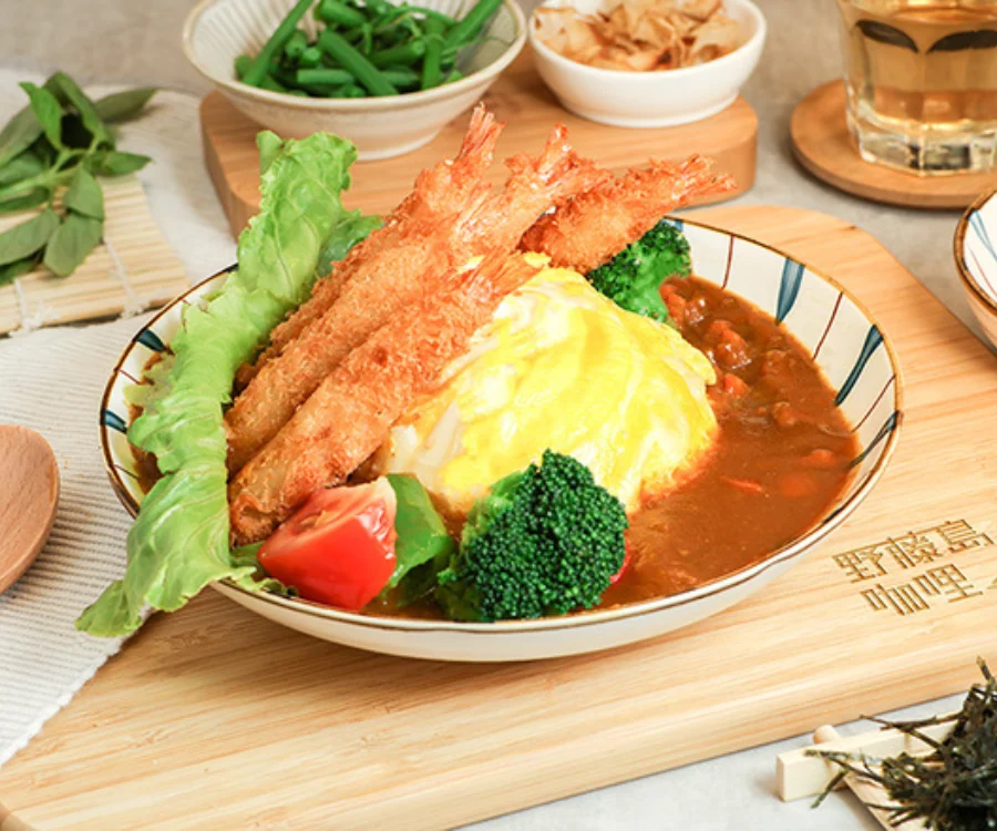 滑嫩歐姆蛋與五隻黃金炸蝦咖哩飯 新竹外送
